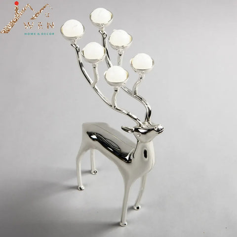IMUWEN Silver plated deer shape metal candle holder, 6-arms candelabra with 18pcs free candles
